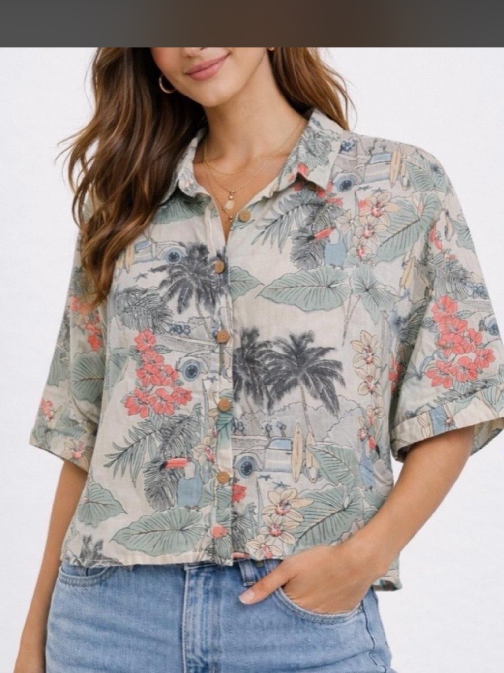 C&C California 100% Linen Beige Tropical Floral Button-Front Shirt